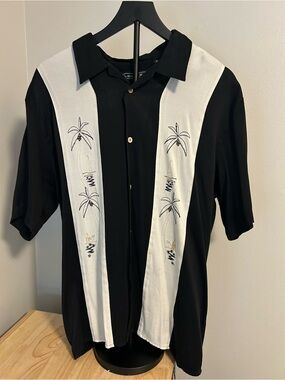 Embroidered Palm Guayabera Button-up Bowling Shirt size LARGE